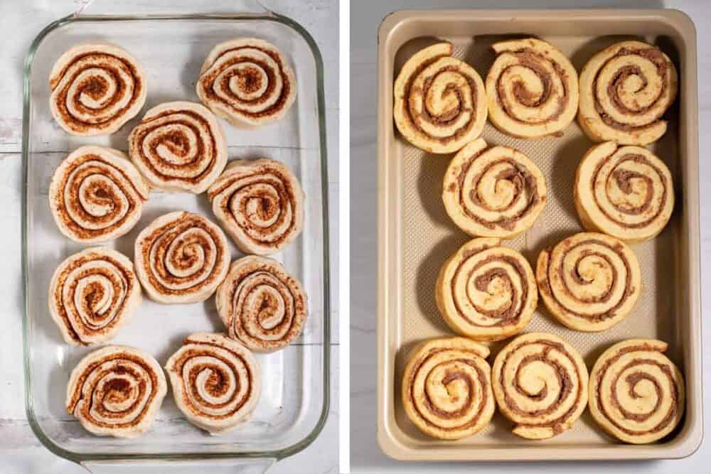 Two rectangular pans each with 10 raw cinnamon rolls fit inside.