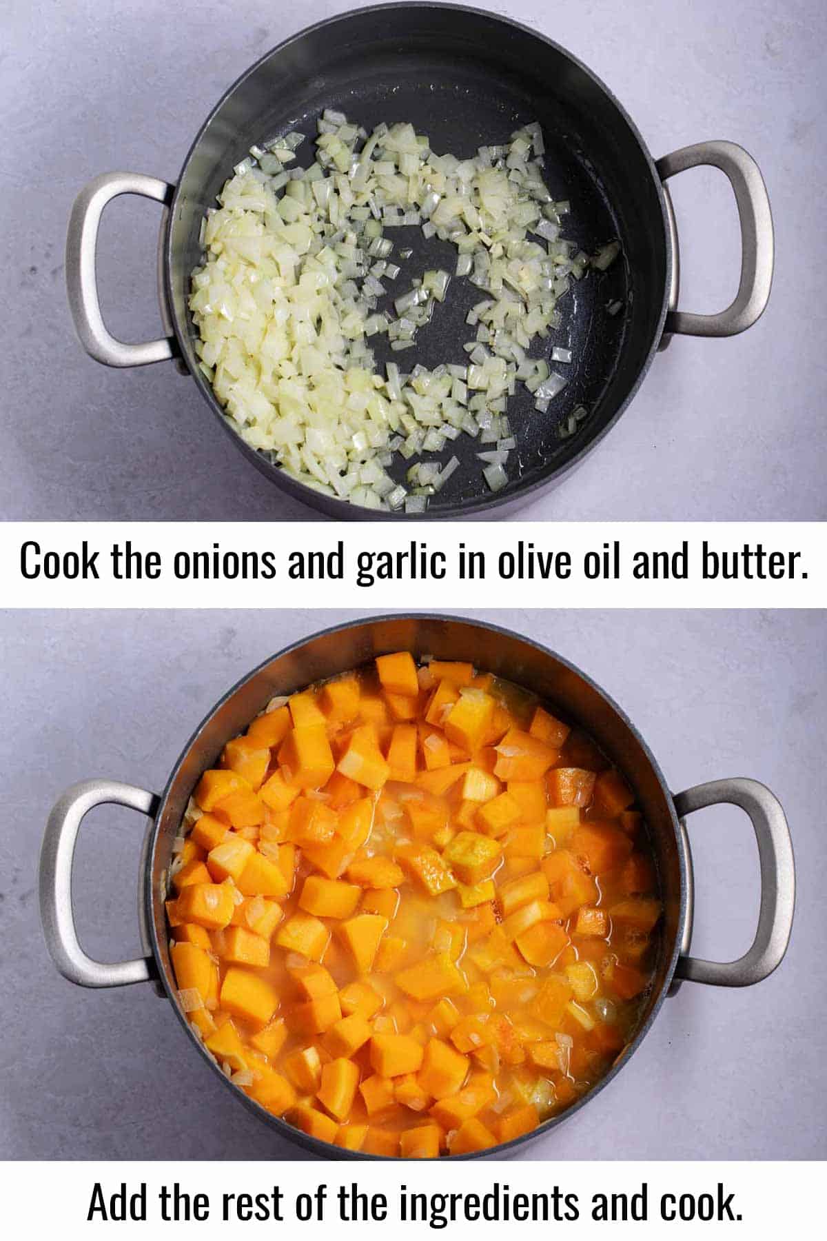 Soup pan with softened onions and garlic. Then soup pan with the rest of the butternut squash soup ingredients in it, ready to cook on the stove.