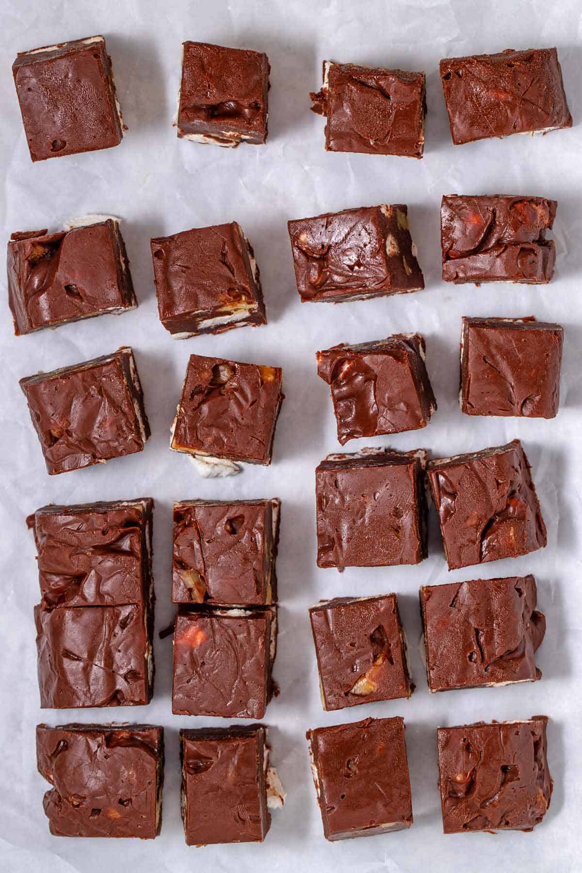 Squares of fudge lined up in rows.