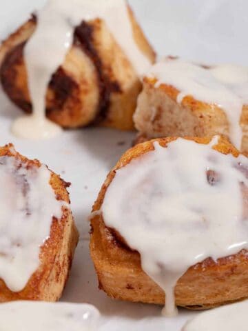 Baked cinnamon rolls from a can, upgraded and drizzled with icing.