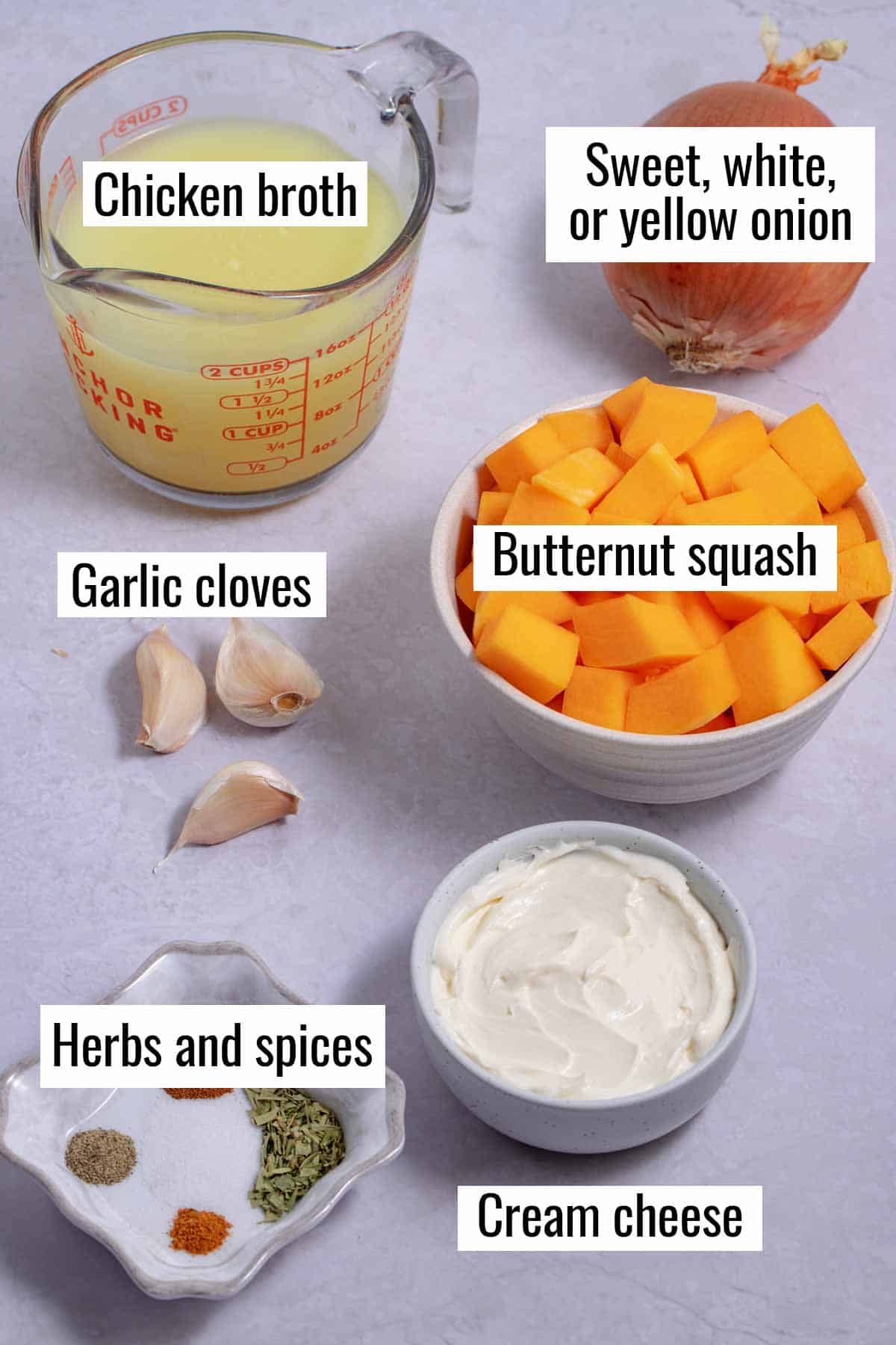 Ingredients for butternut squash soup with cream cheese.