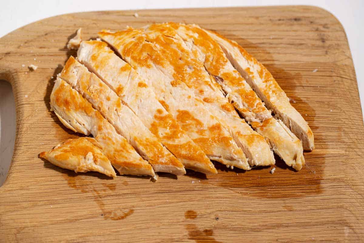 Sliced chicken breast that was cooked on the stove.