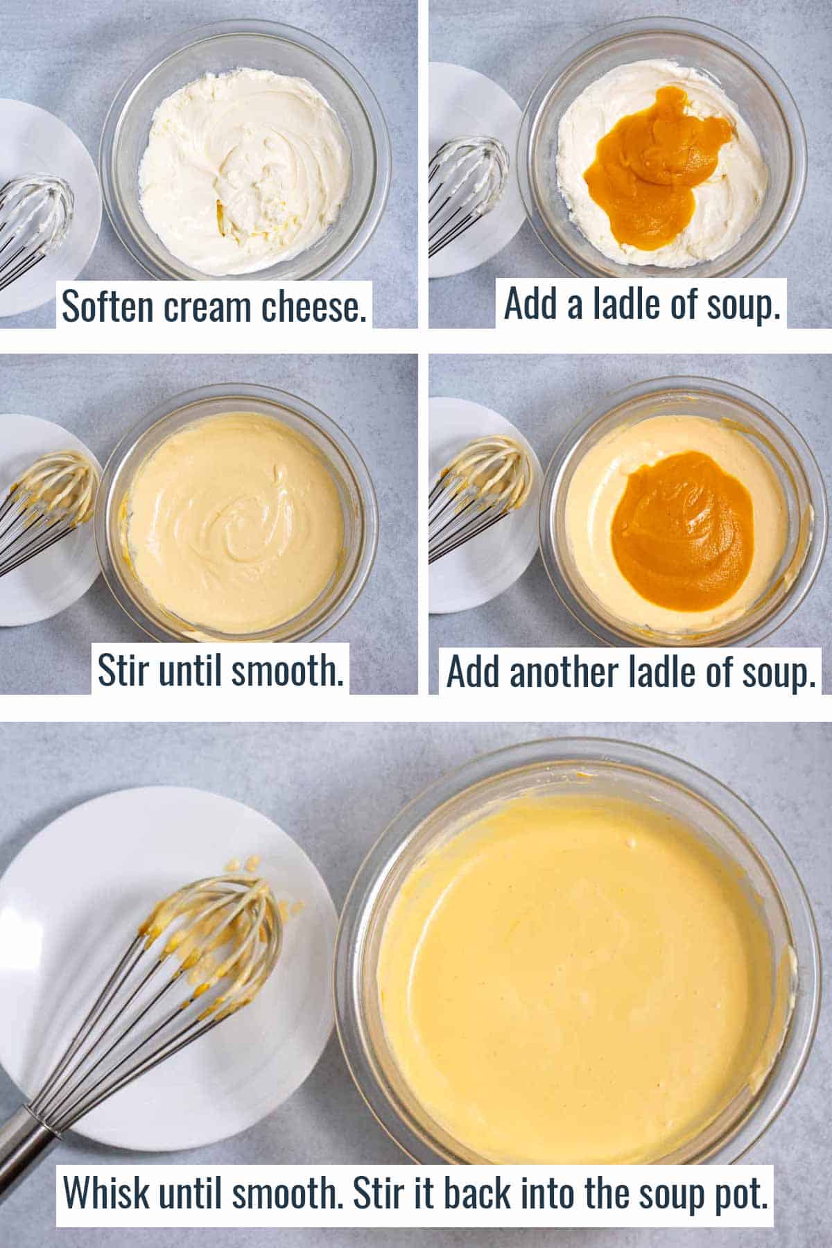 Steps showing softening cream cheese. Then whisking some soup into the cream cheese and stirring until smooth.