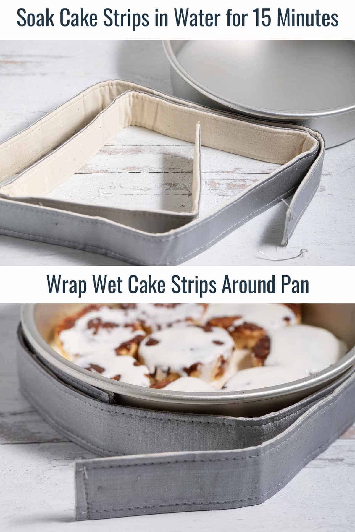 Wet cake strips around the cake pan filled with unbaked cinnamon rolls.