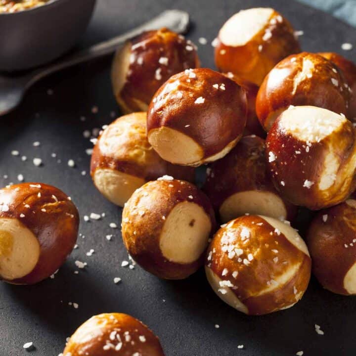 Stack of homemade soft pretzel bites.