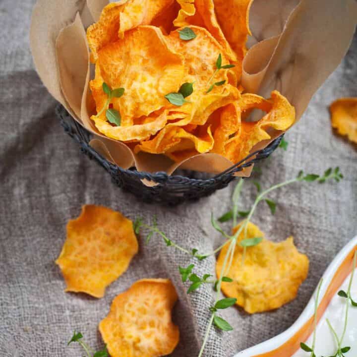 Basket of homemade sweet potato chips.