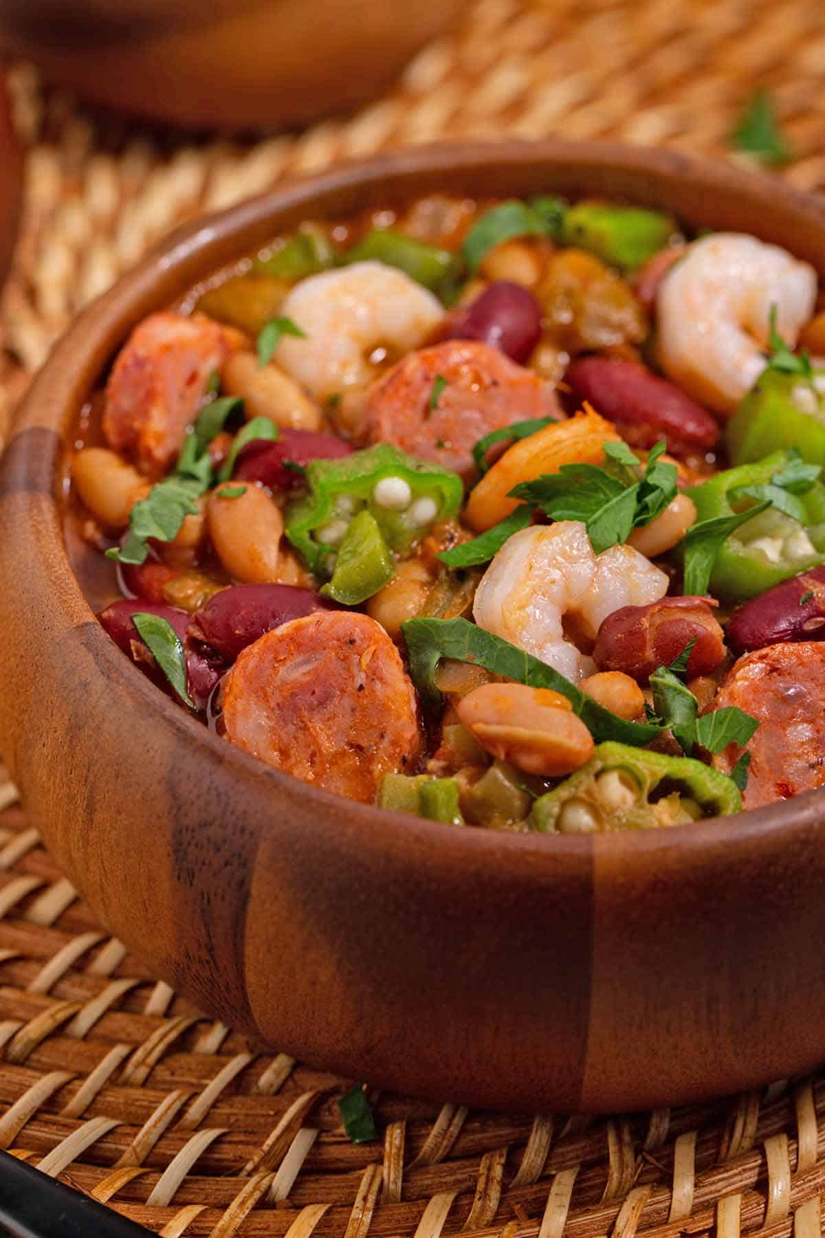 Bowl of spicy Cajun 15-bean soup with shrimp and sausage.