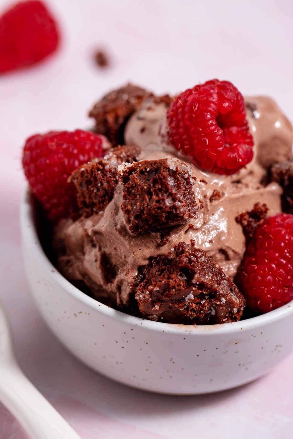 Bowl of chocolate ice cream with chocolate cake croutons and raspberries.