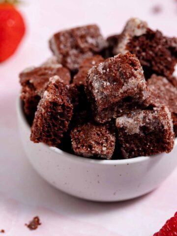 Bowl of leftover chocolate cake croutons.