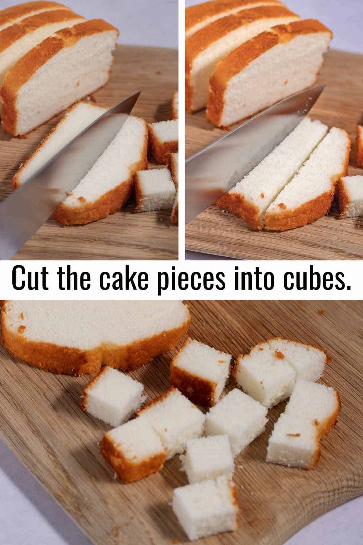 Step by step photos for cutting cake pieces into cubes.