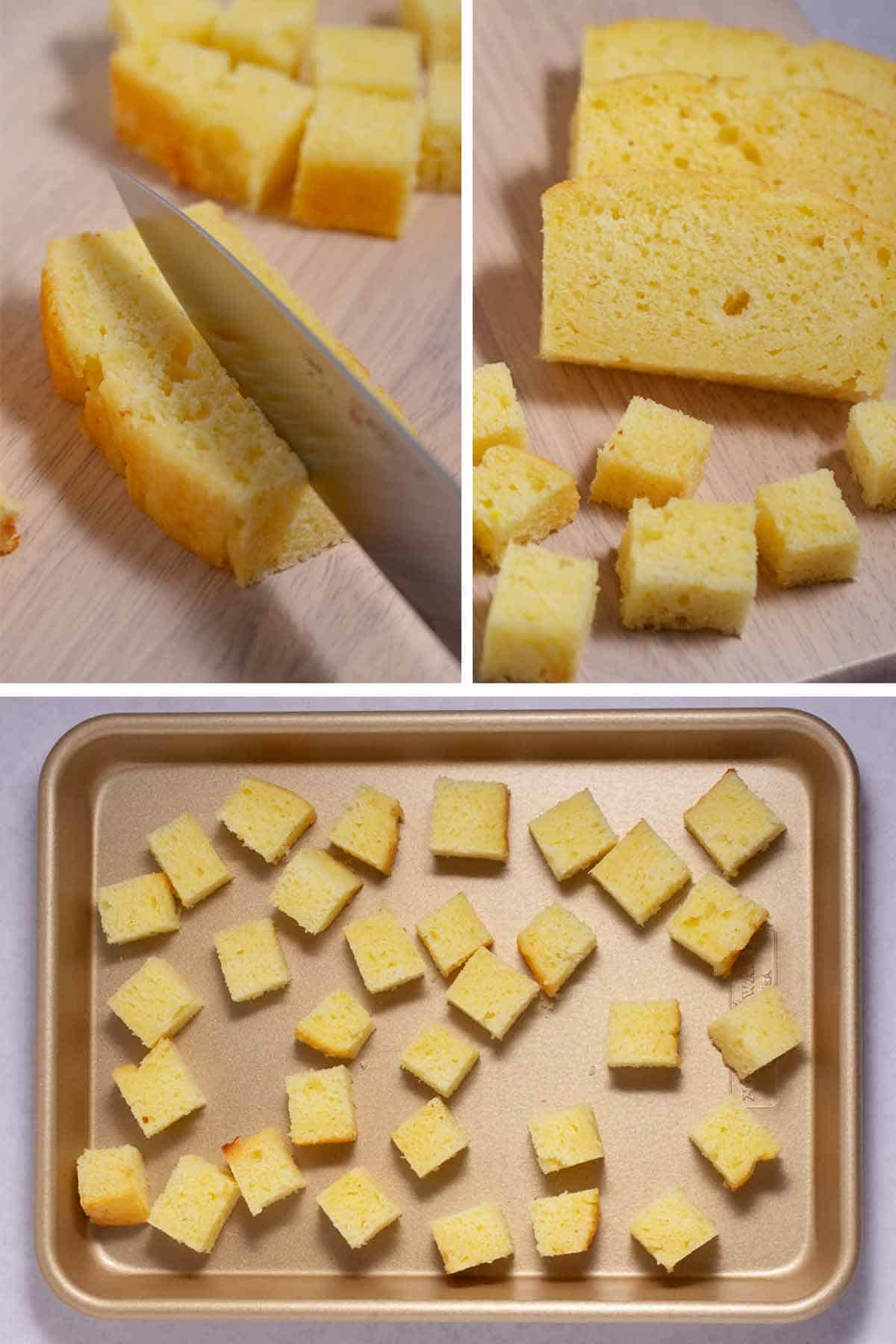 Cubing the lemon cake slices and laying them out overnight to dry.