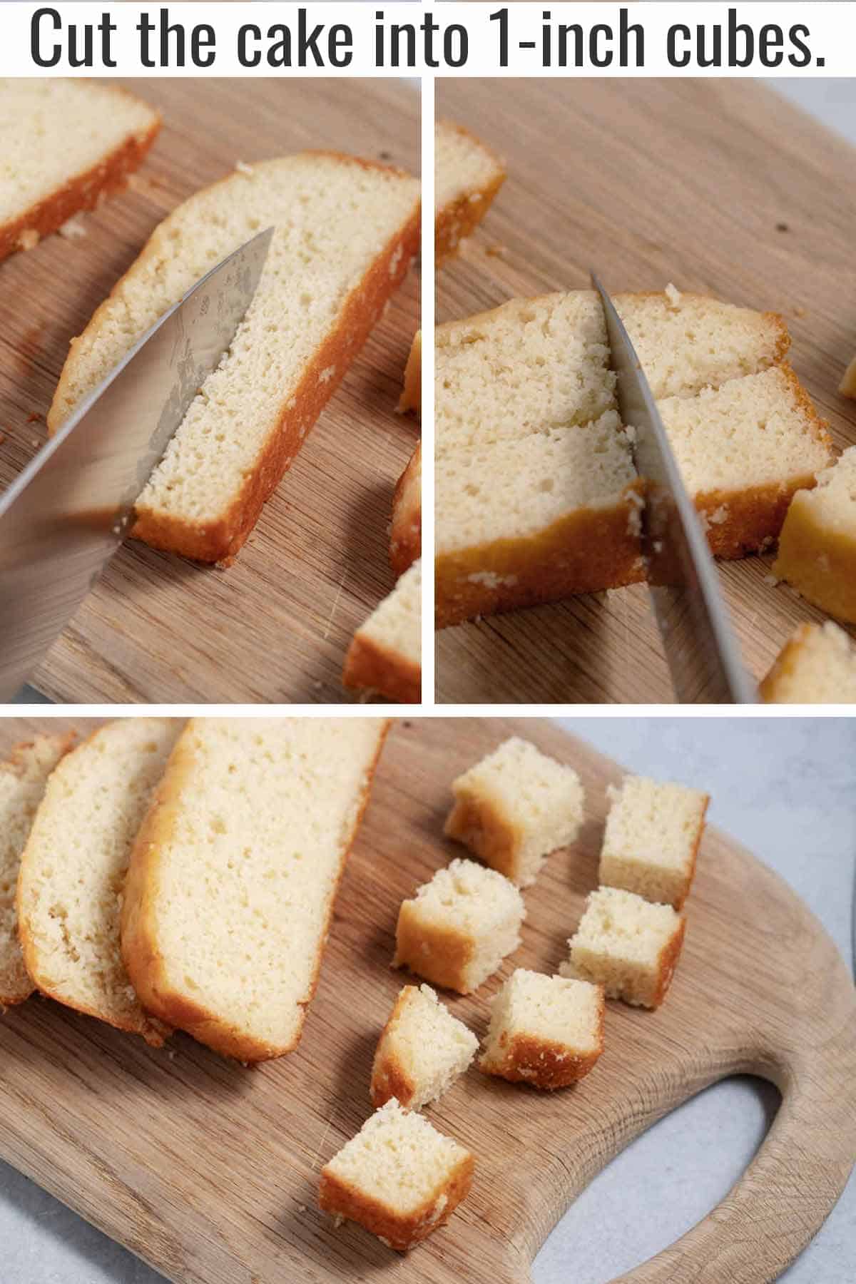 Process of cutting angel food cake into cubes from a loaf. Cut the cake into slices. Cut each slice in half. Then cut cubes.