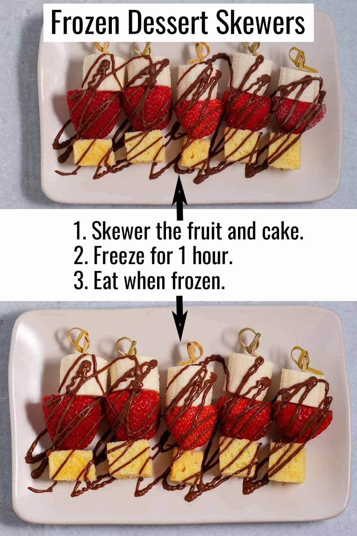 Plate of dessert skewers before being frozen and the same skewers after being frozen for an hour.