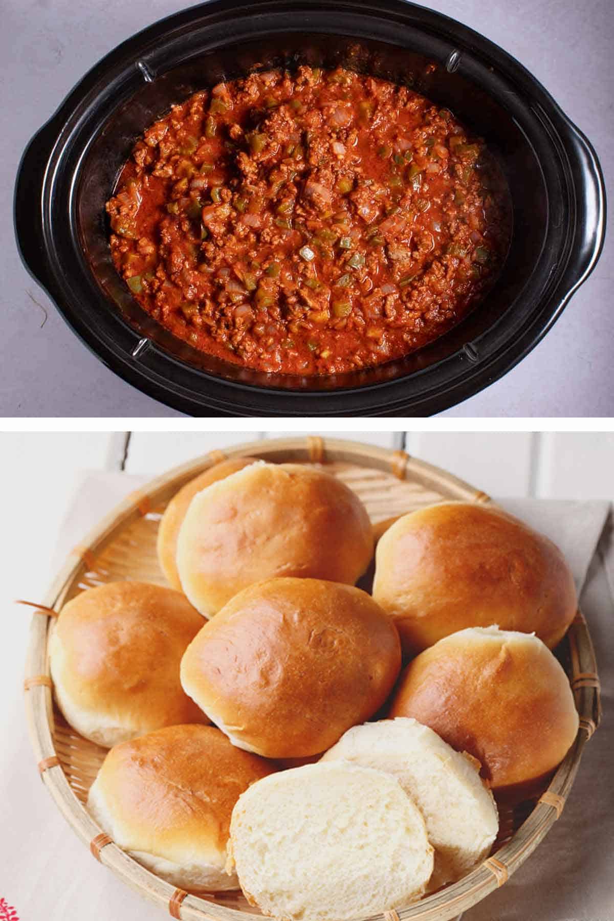 Slow cooker of sloppy joes meat and a basket of hamburger buns.