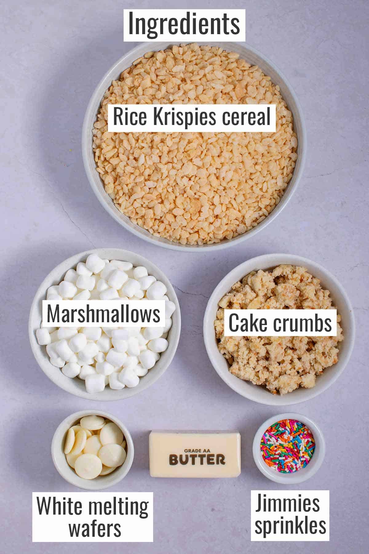 Ingredients for leftover birthday cake Rice Krispies treats.