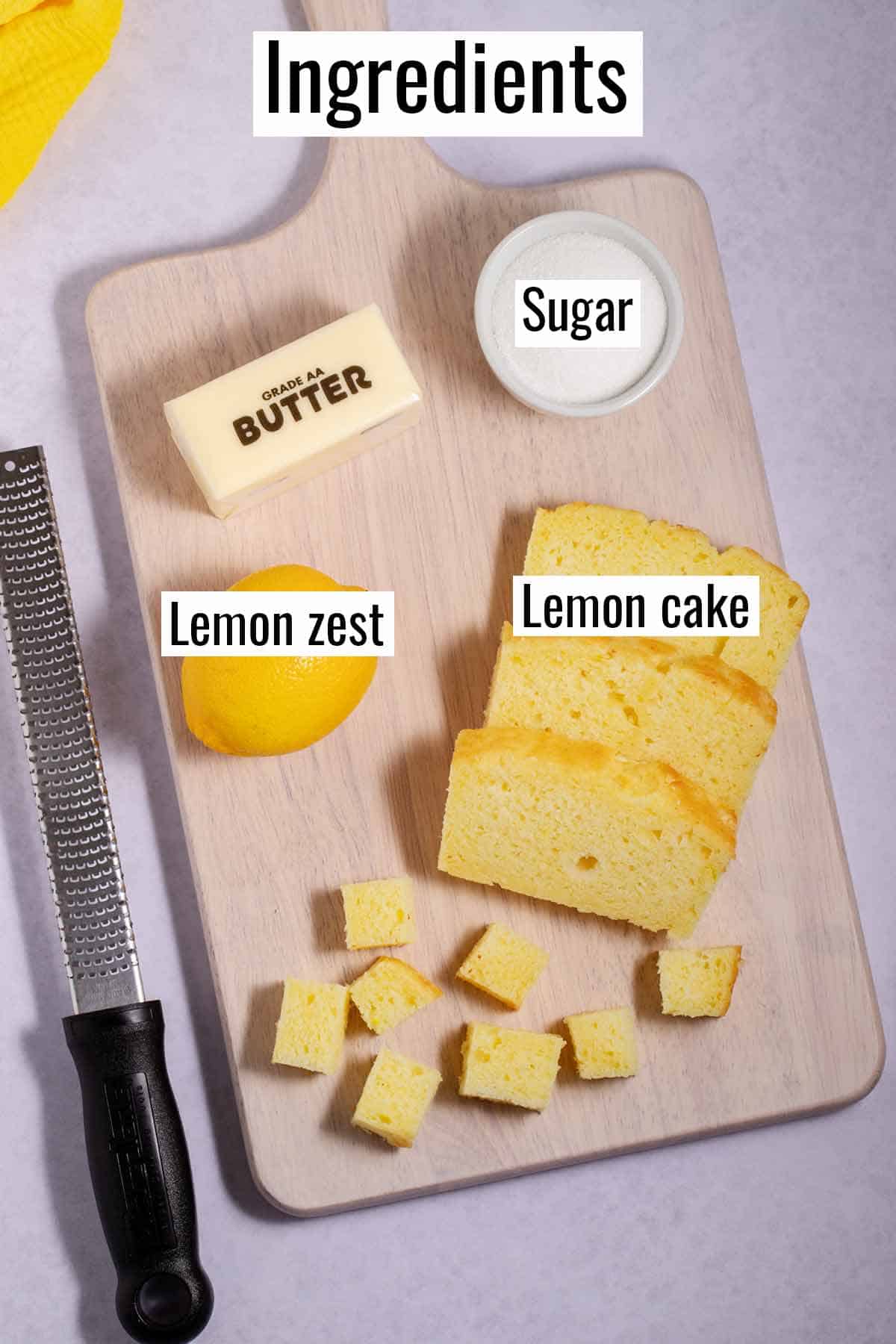 Ingredients for leftover lemon cake croutons.