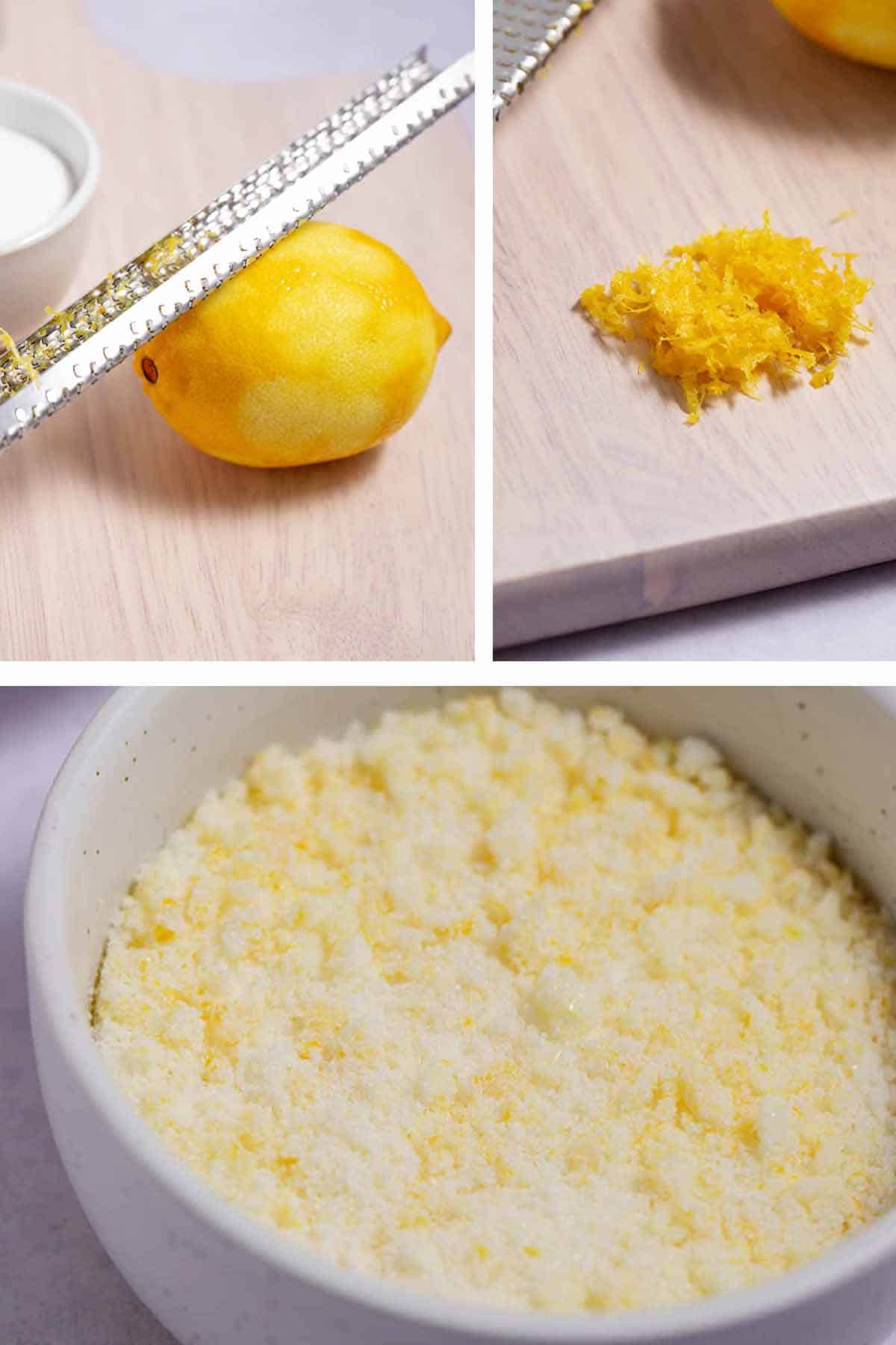 Zesting a lemon, a pile of lemon zest, and a bowl of lemon zest sugar.