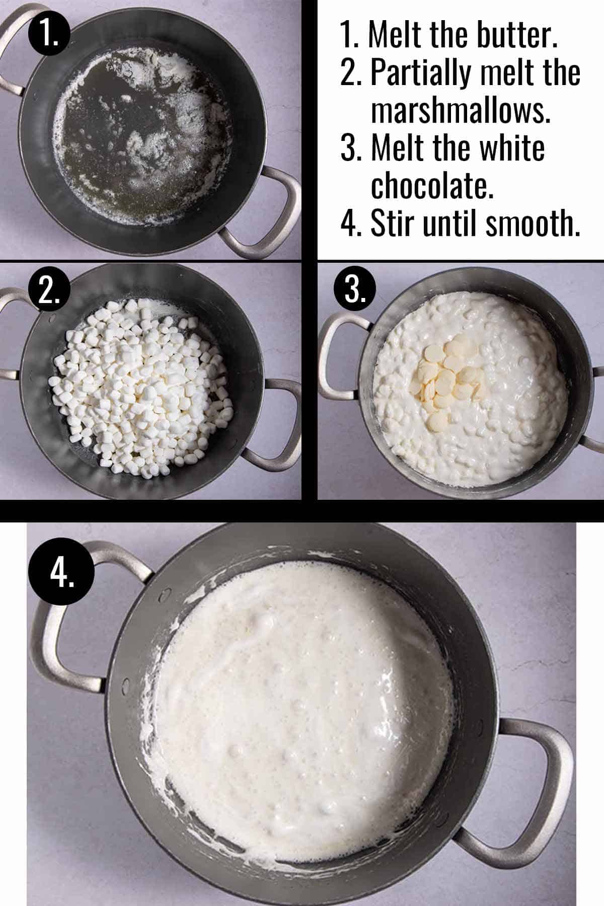 Steps for making the marshmallow sauce for Krispie treats.