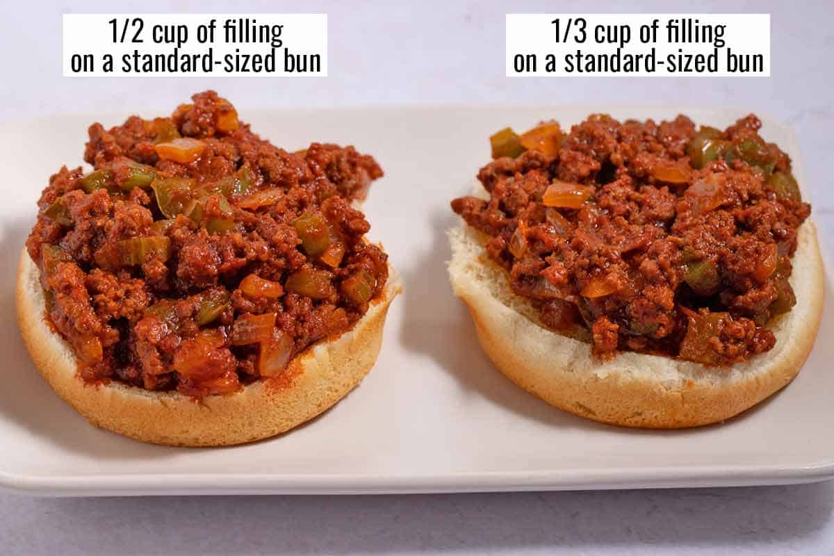 Two standard-sized buns, one with ½ cup of filling and one with ⅓ cup of filling.