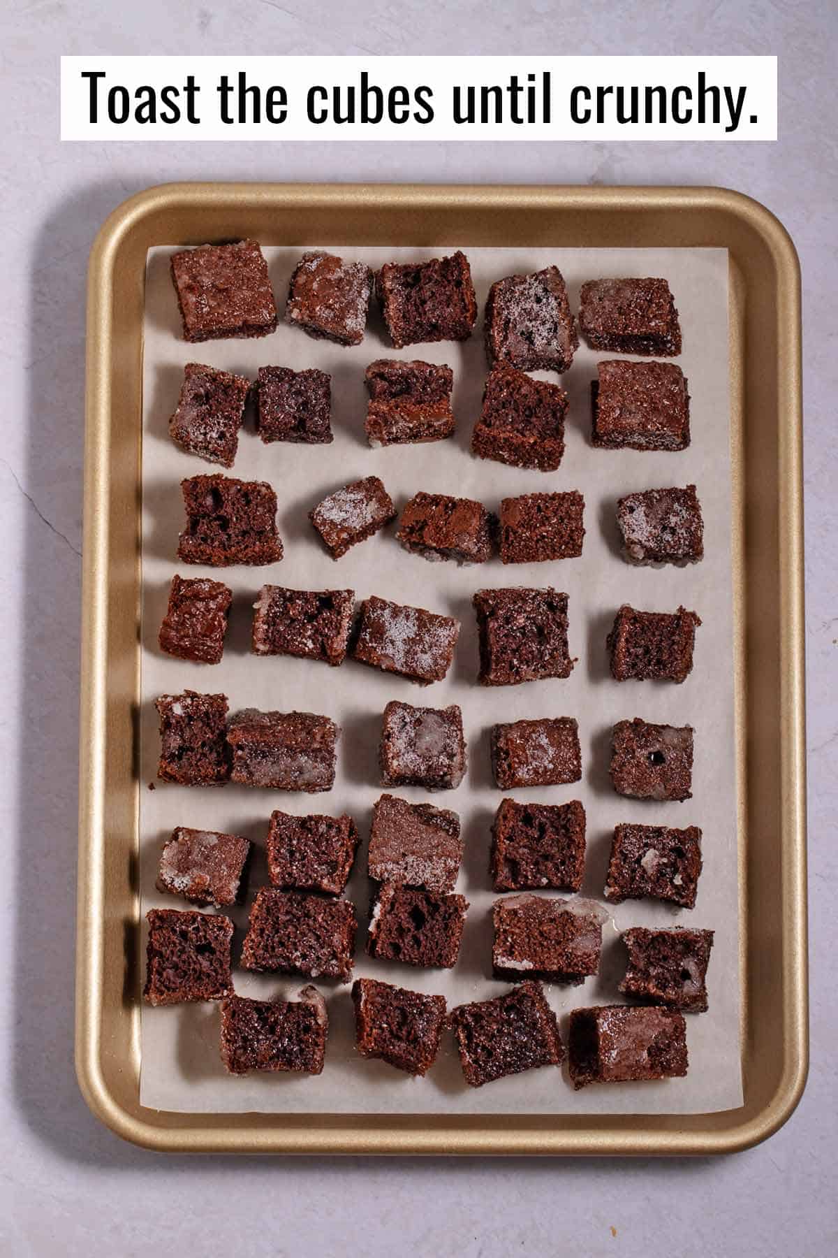 Toasted chocolate cake croutons on a baking sheet.