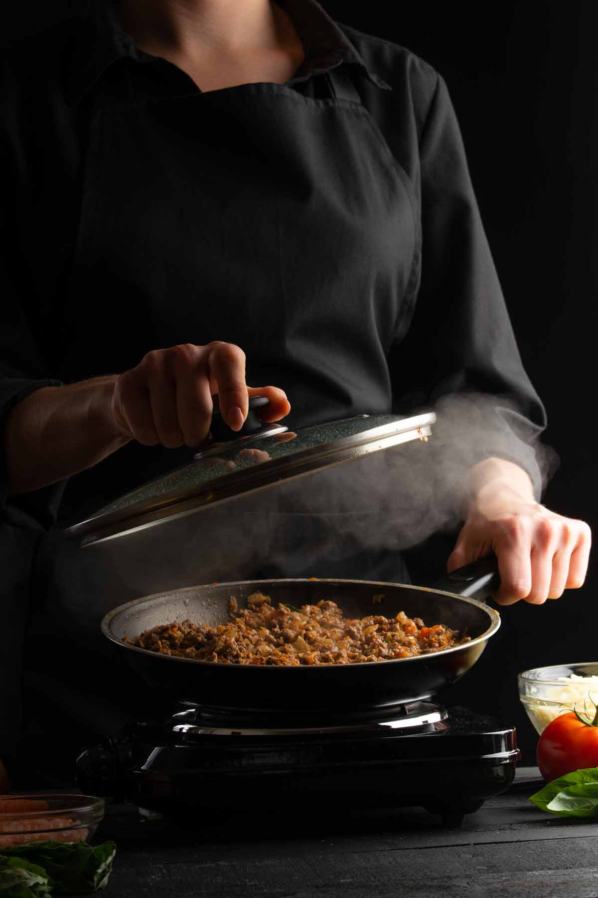 Reheating sloppy joes in a skillet.