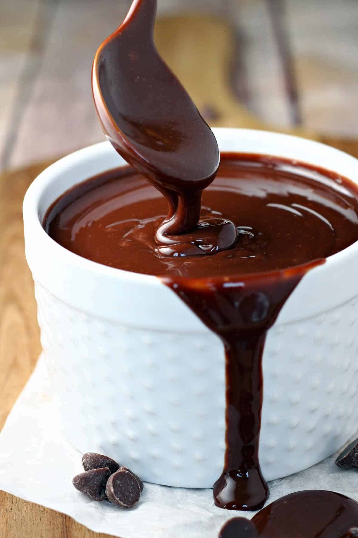 Bowl of melted chocolate with a spoon.
