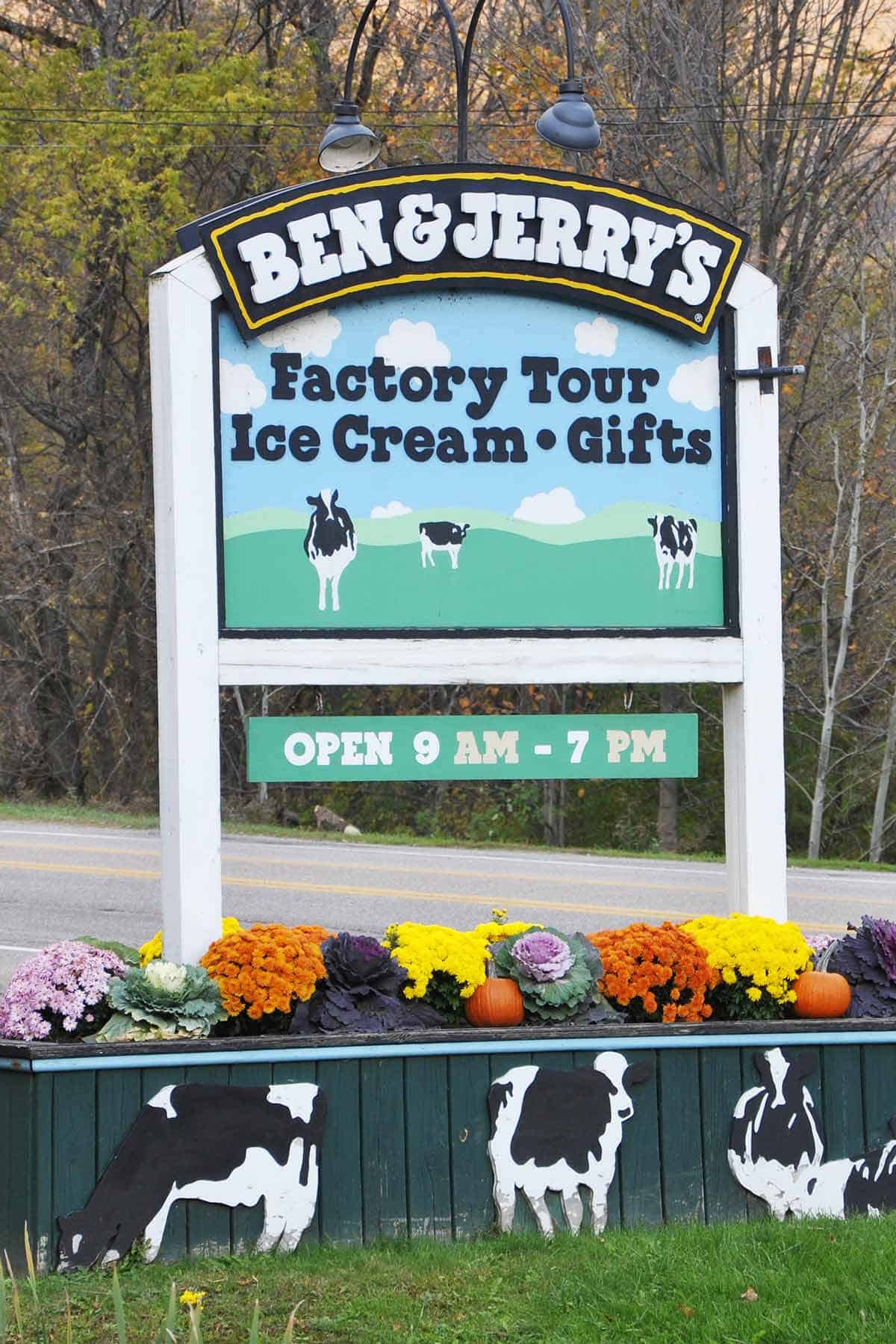 The sign for Ben & Jerry's factory tour.