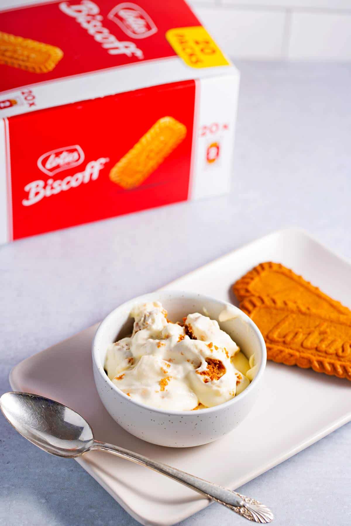 A bowl of banana pudding made with biscoff cookies with a box of Lotus biscoff cookies in the background.