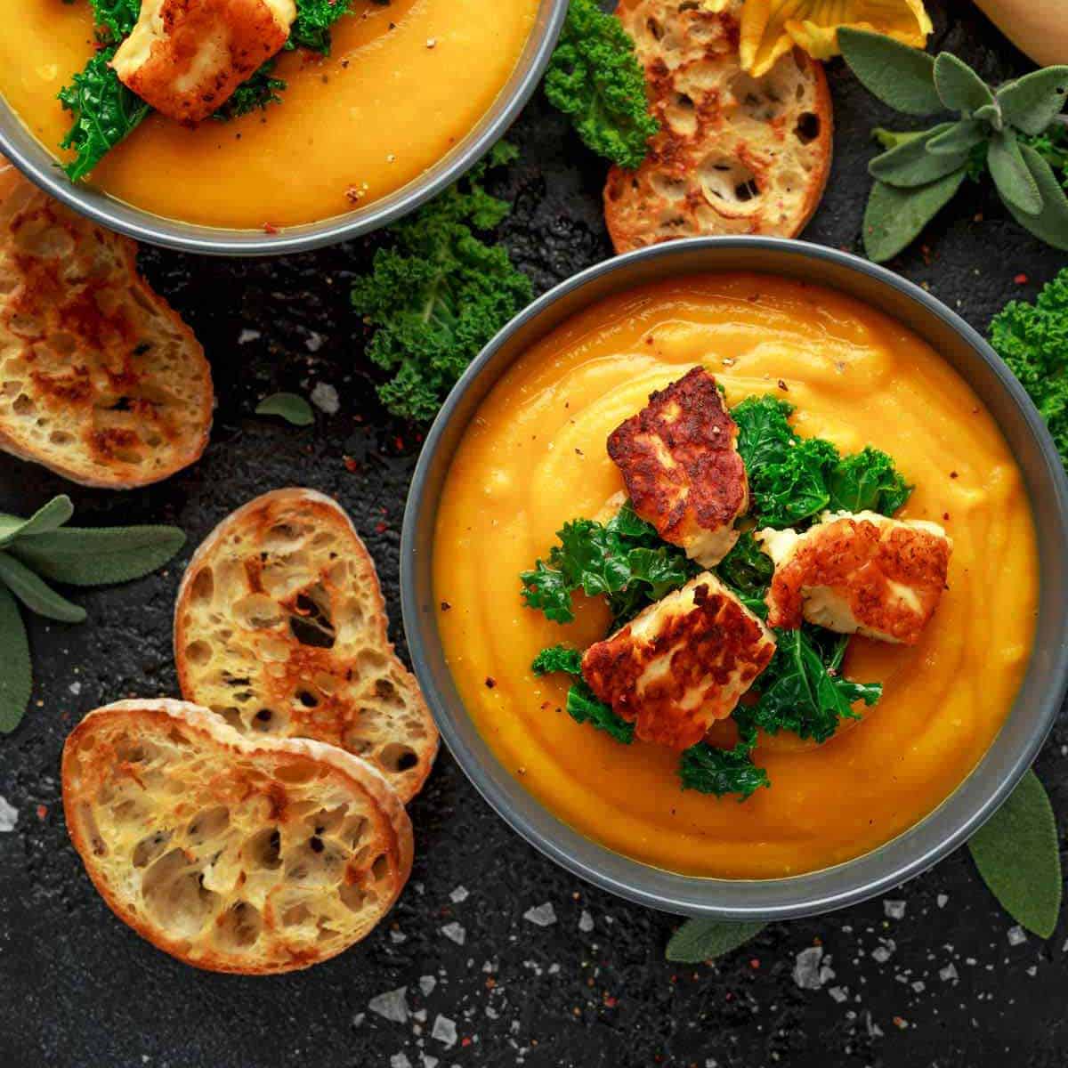 Two bowls of butternut squash soup garnished with greens and croutons.