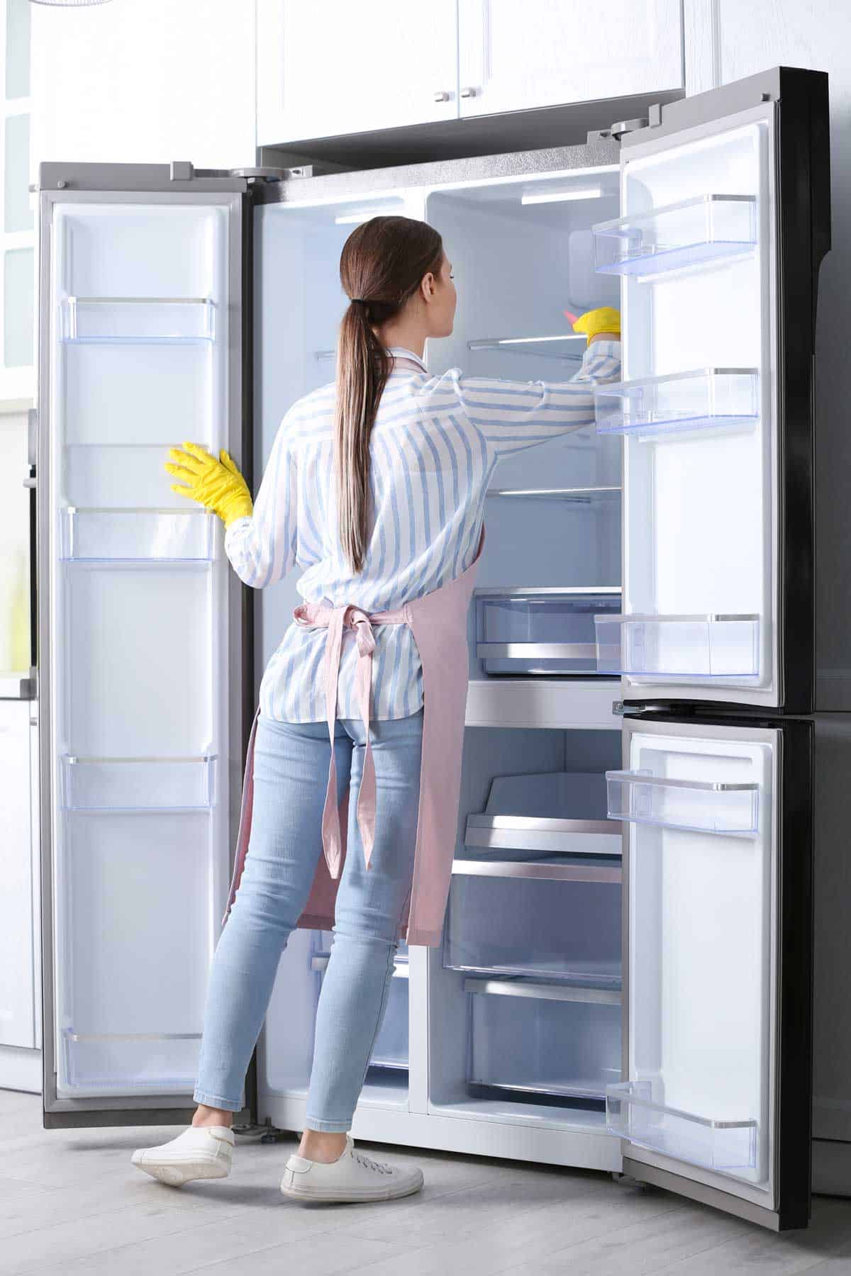 Woman cleaning a refrigerator.