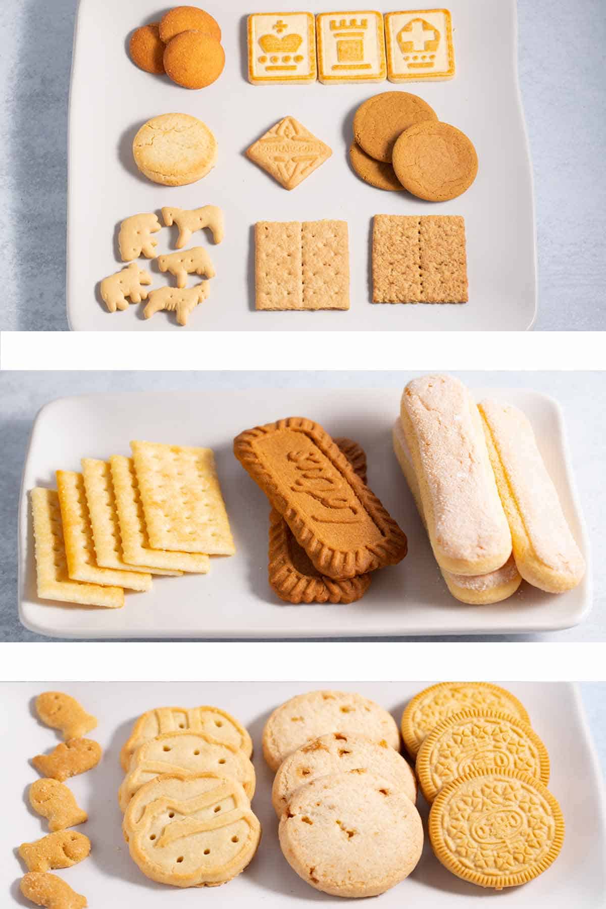 Plates with piles of cookies for banana pudding. 15 cookies or crackers are shown.