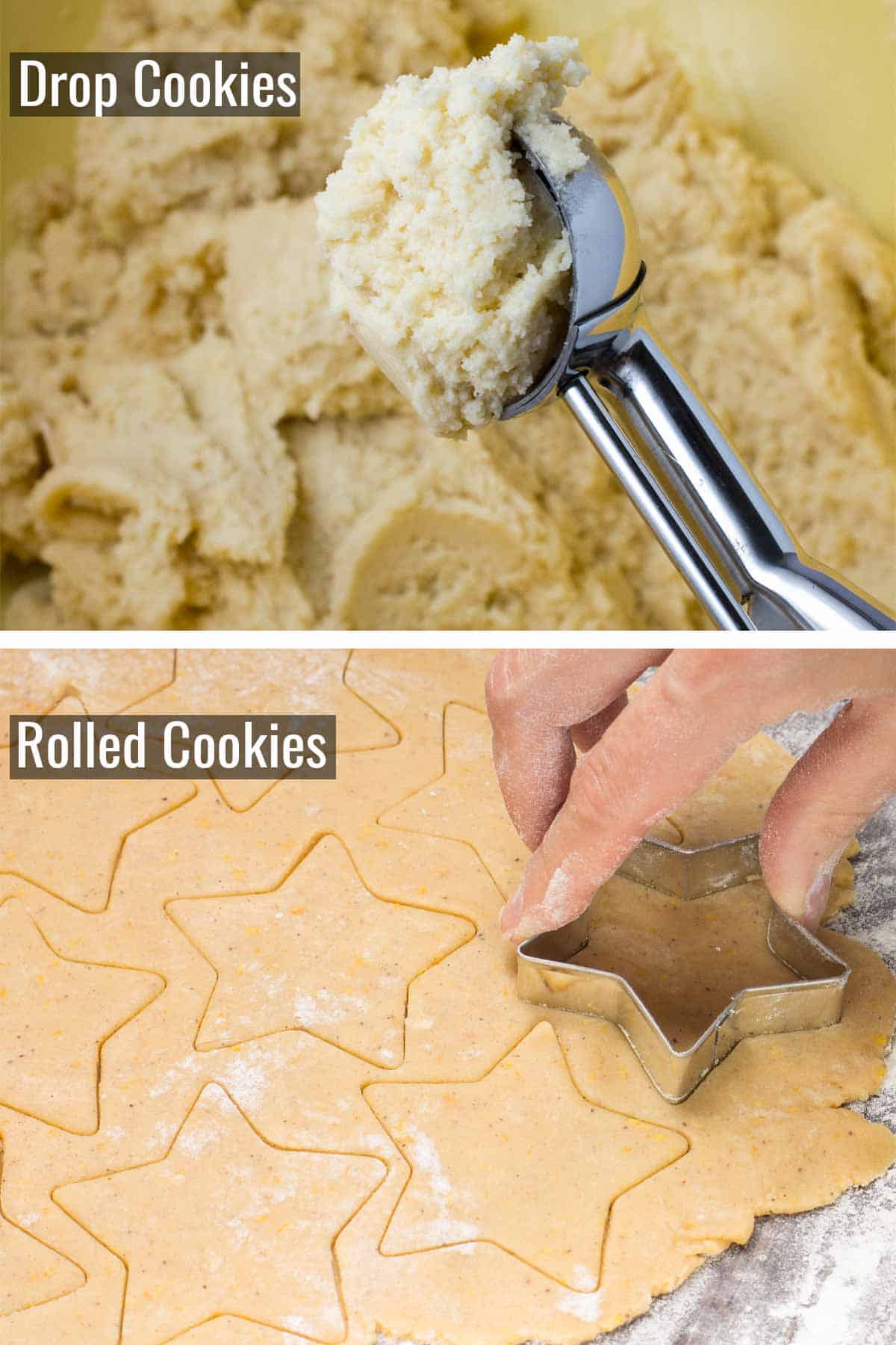 Top half is cookie scoop with cookie dough. Bottom half shows hand cutting cookie dough out with a star-shaped cookie cutter.