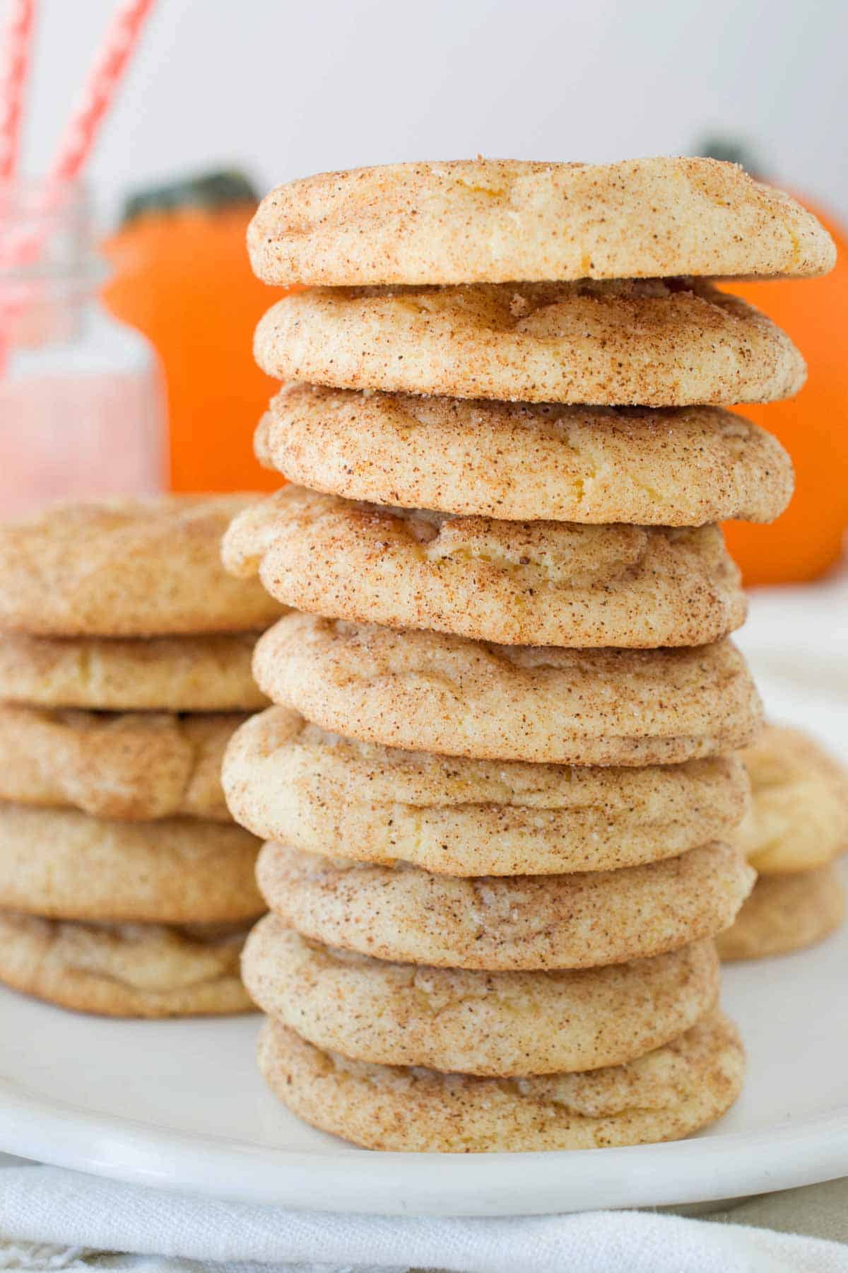 Tall stack of pumpkin snickerdoodle cookies.