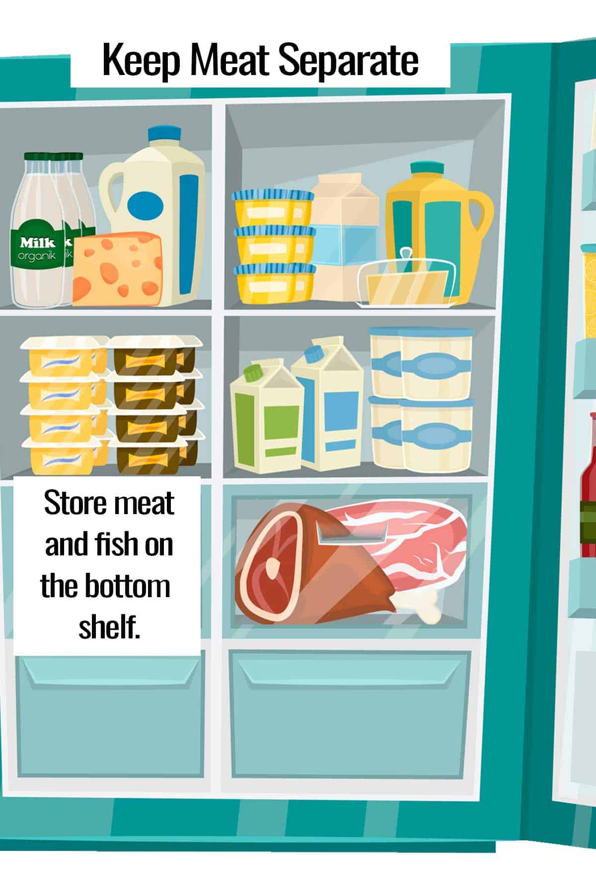 Illustration of an open fridge showing meat and fish being stored on the bottom shelf in a meat bin.