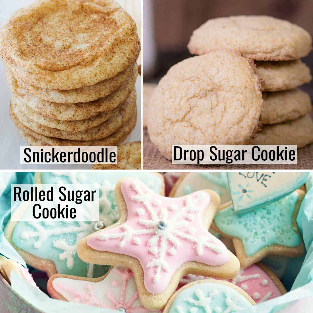 Stack of snickerdoodles, stack of drop sugar cookies, and plate of frosted rolled sugar cookies.