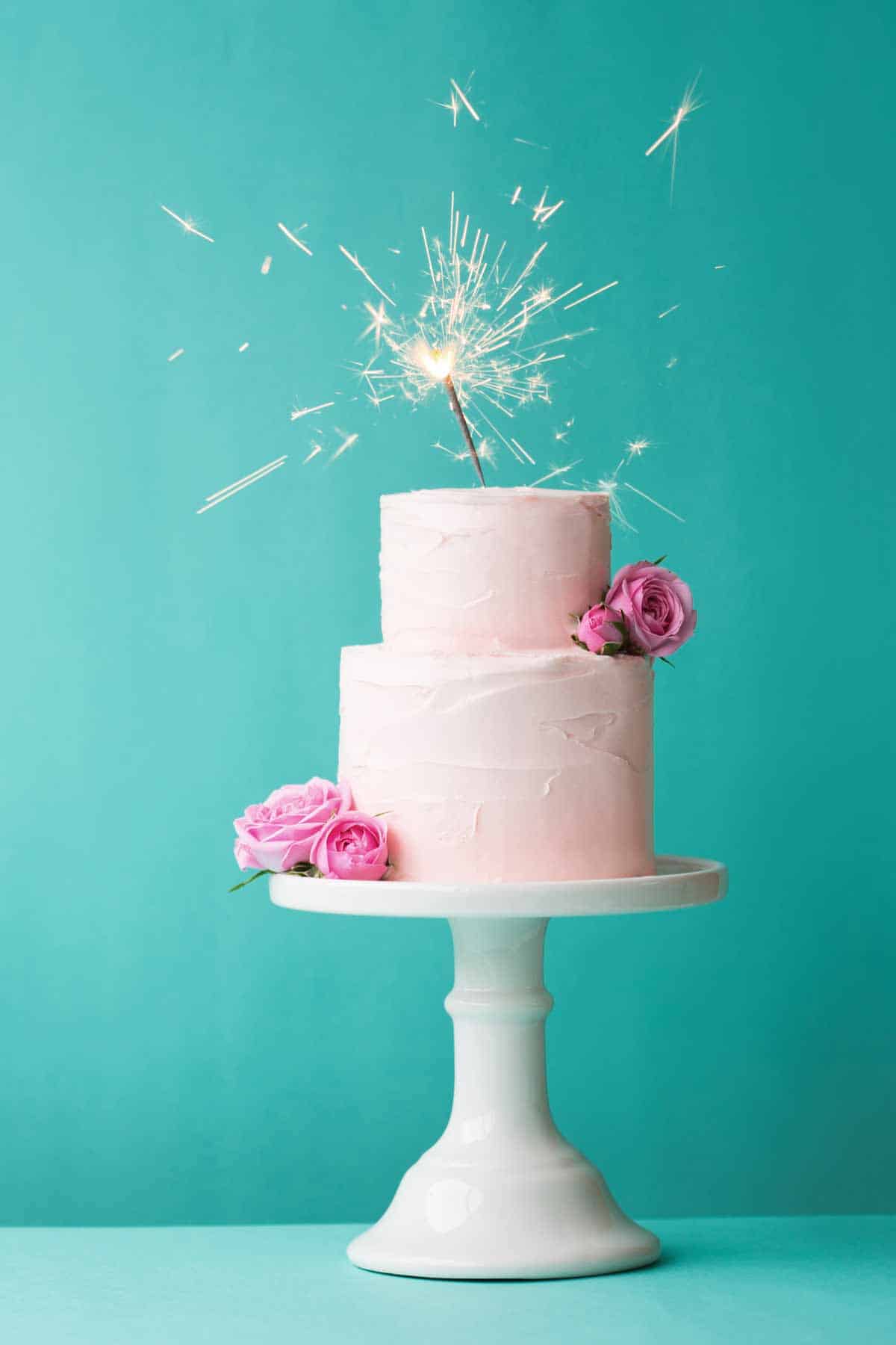 Solid pink two-tiered cake garnished with pink flowers.