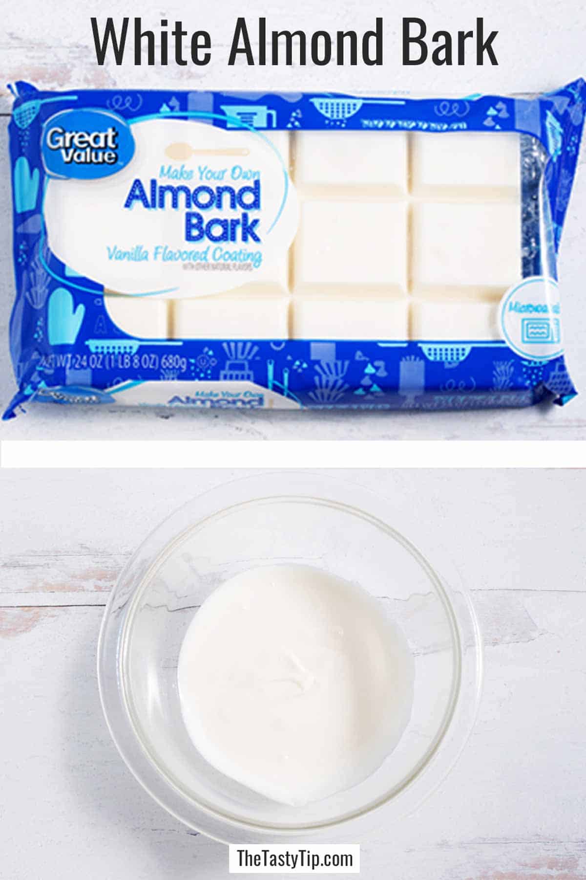 Package of almond bark vanilla flavored coating and a bowl of it melted.