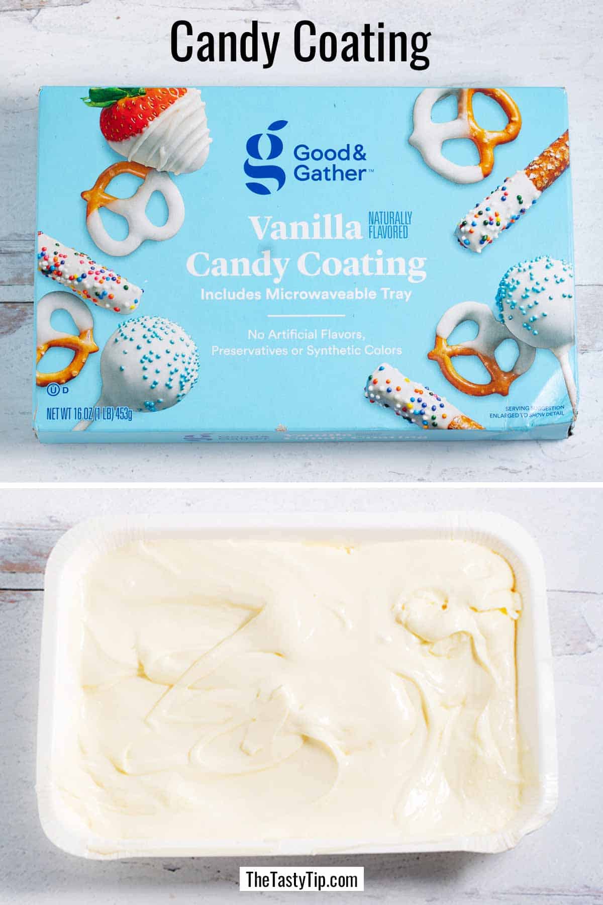 Package of candy coating and a tray of melted candy coating.