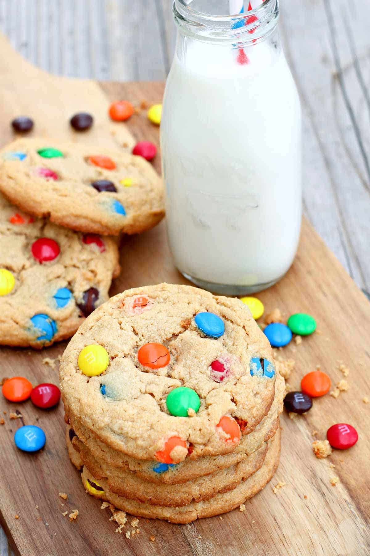 Pile of M&M cookies without chocolate chips.