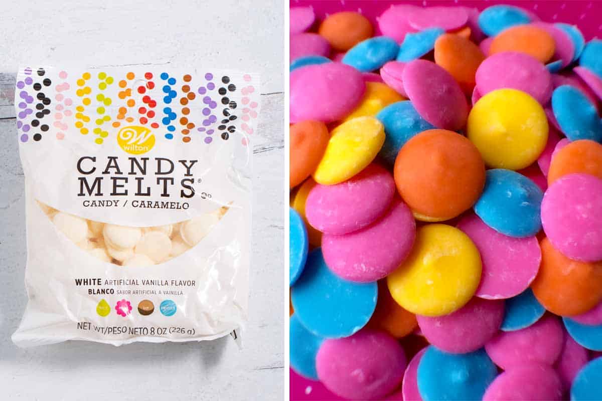 Package of Wilton white candy melts next to a pile of colored candy melts.