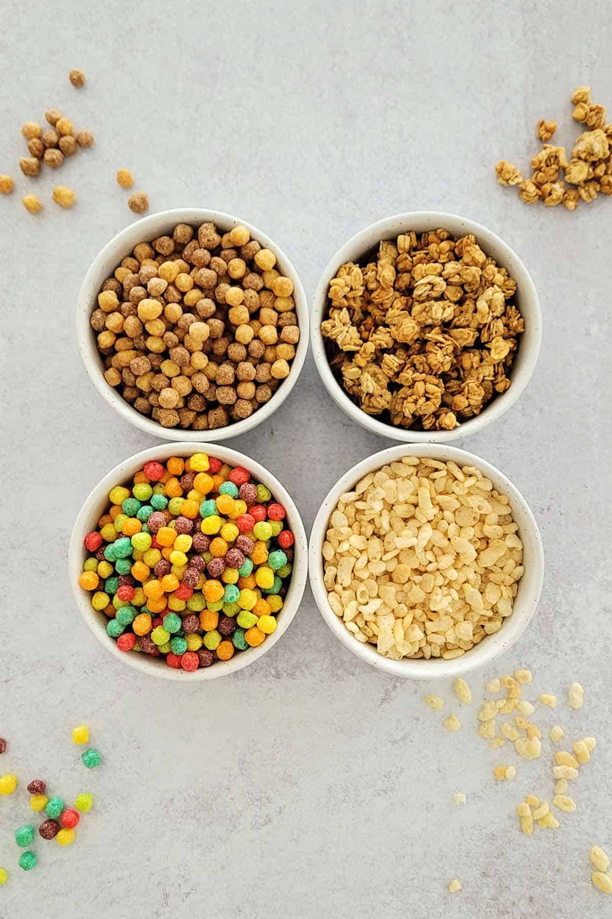 Bowls of cold cereal that can be added to cookies instead of chocolate chips.