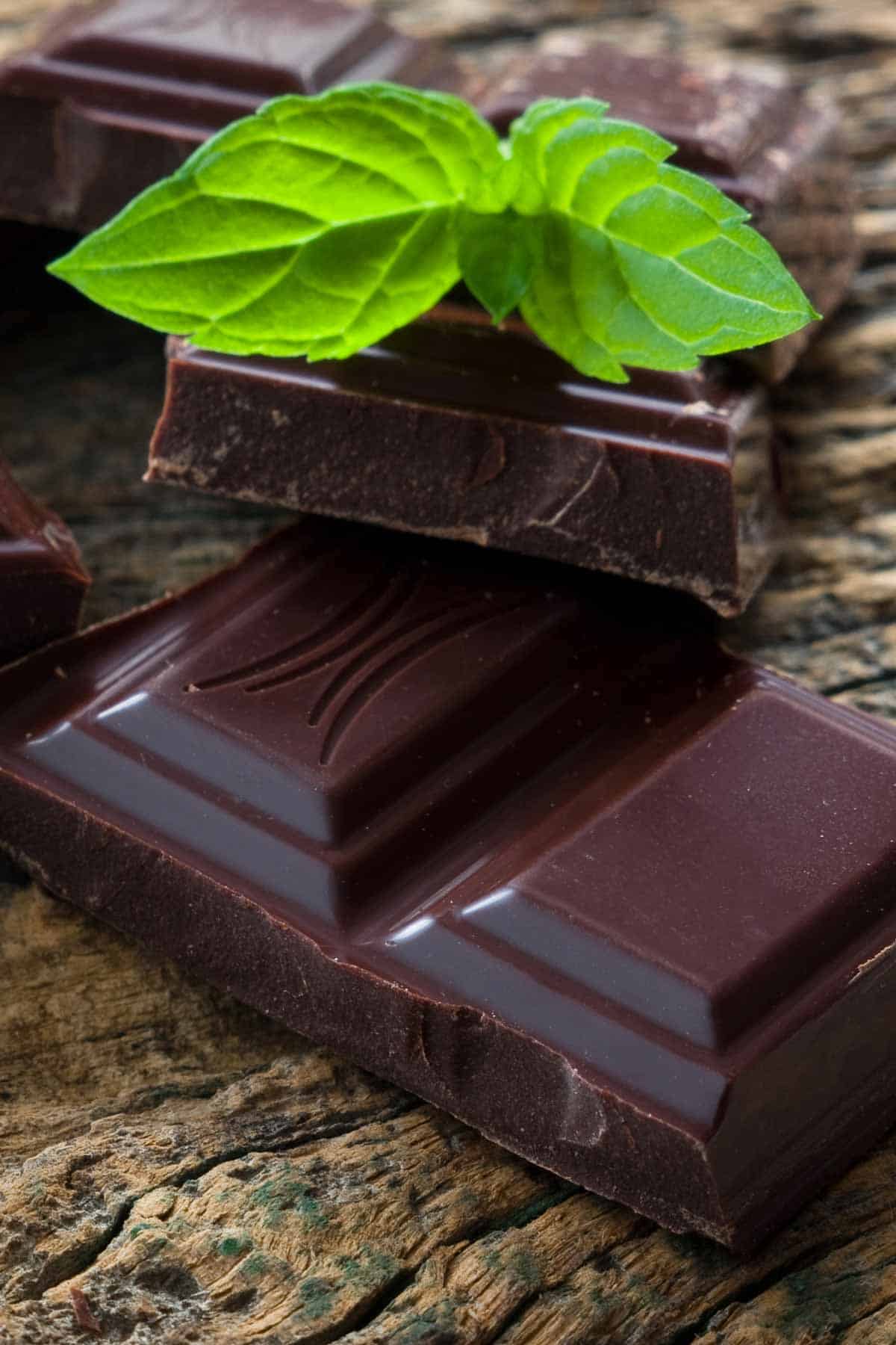 Dark chocolate pieces stacked with a mint leaf on top.