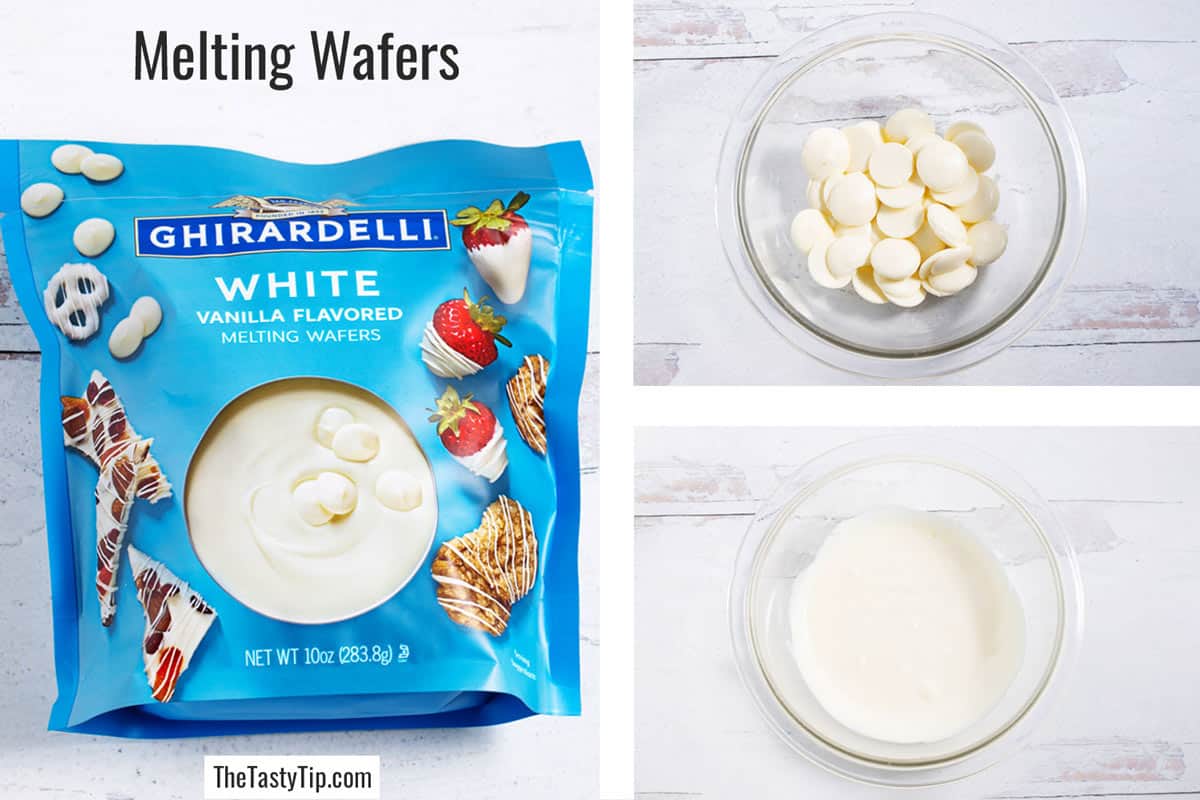 Bag of Ghirardelli white melting wafers, a bowl of them, and another bowl with the wafers melted.