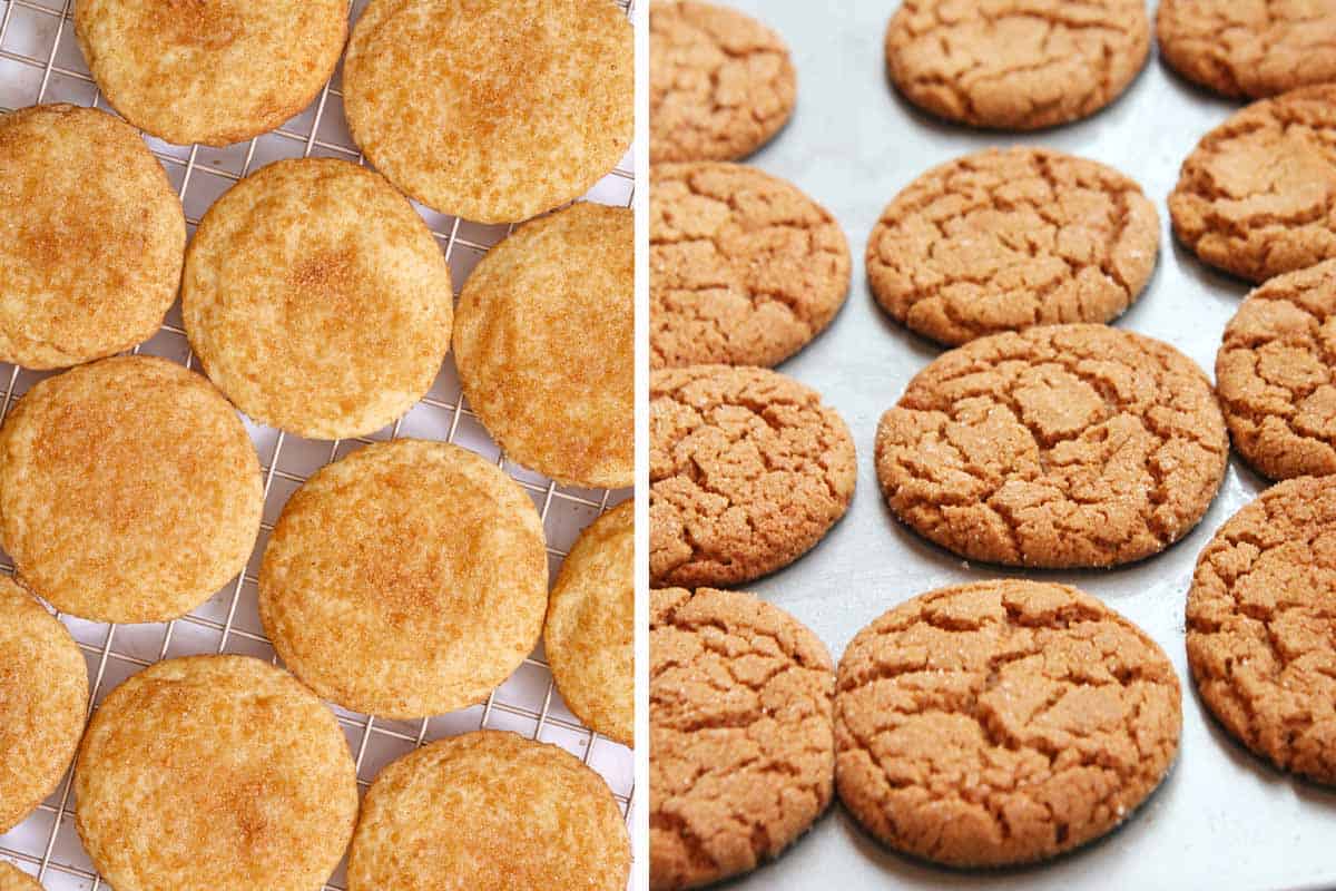 Snickerdoodles on a cooling rack and gingersnaps on a cookie sheet.