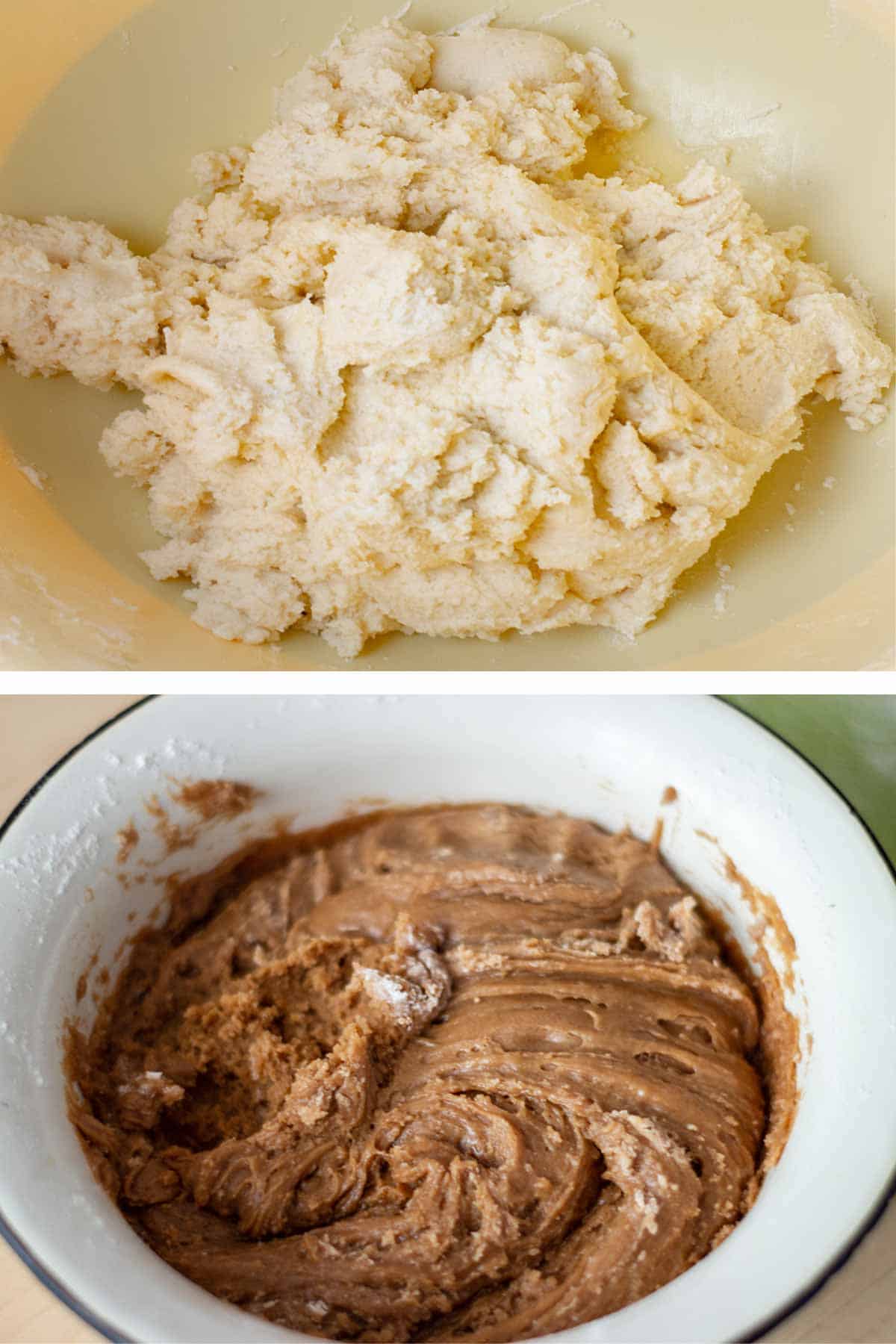 Bowl of snickerdoodle dough and bowl of gingersnap dough.