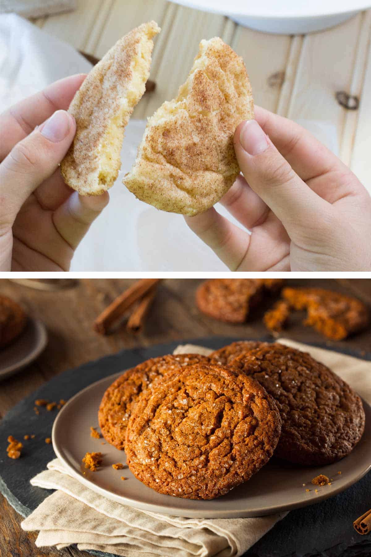 Hands holding a broken snickerdoodle and a plate of gingersnap cookies.