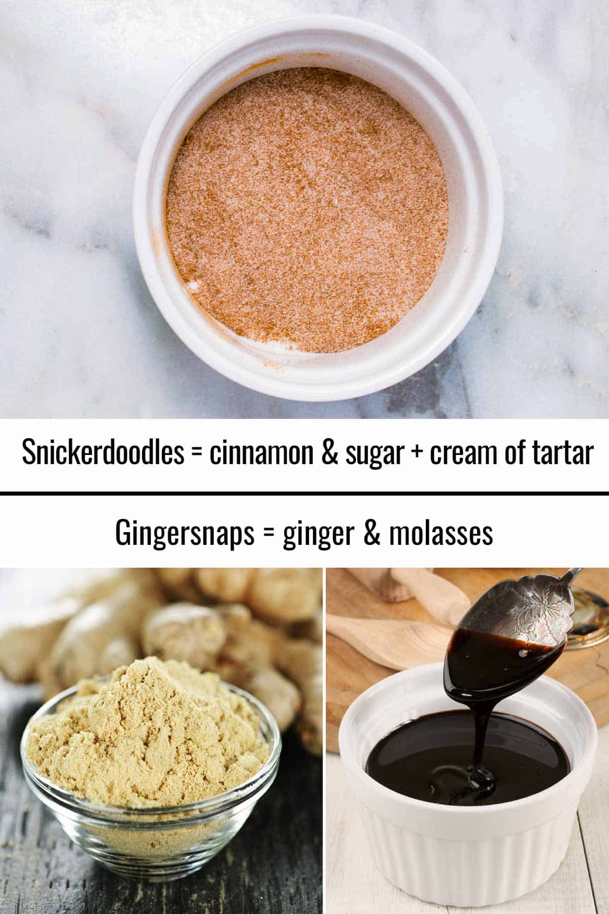 Bowl of cinnamon sugar, bowl of powdered ginger, and bowl of molasses.