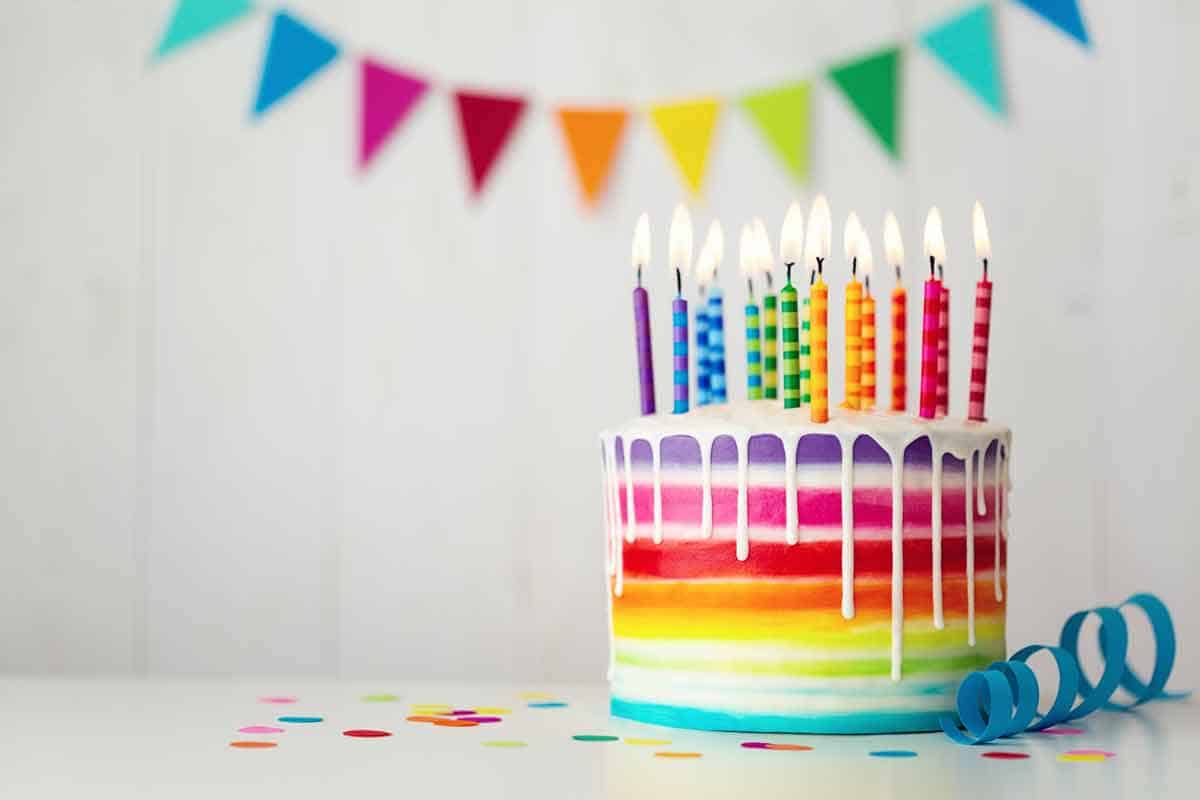 Colorful cake with white chocolate drips for decoration.