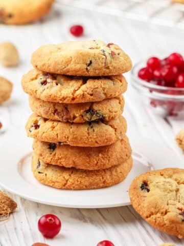 Stack of cookies with dried fruit and nuts as substitutes for chocolate chips.