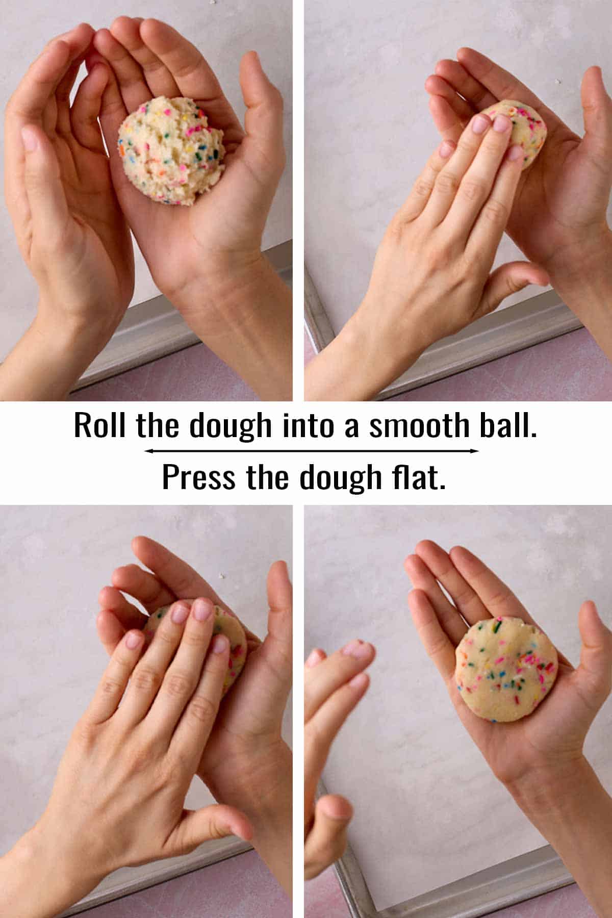 Step-by-step photos showing rolling a cookie dough ball so it's smooth and then flattening it in.